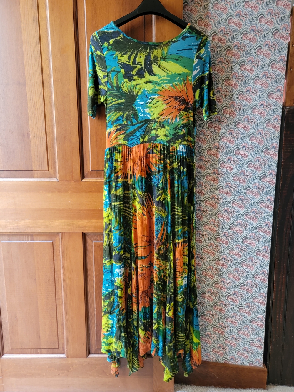 Vintage 90s PHOOL Boho Crinkle Rayon Abstract Maxi Dress Handkerchief Hem Large - Picture 4 of 14